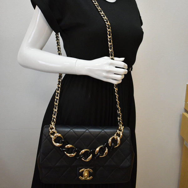 CHANEL Elegant Resin Double Chain Flap Lambskin Shoulder Bag Black