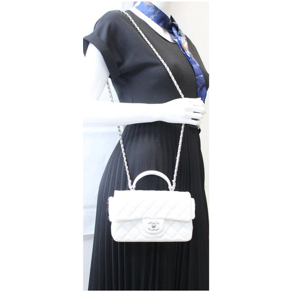 CHANEL Mini Top Handle Flap Caviar Leather Crossbody Bag White