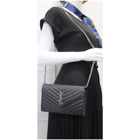 YVES SAINT LAURENT Envelope Leather Crossbody Chain Wallet Black