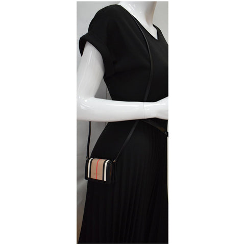 BURBERRY Jessie Icon Stripe E-Canvas Monogram Crossbody Card Case Beige