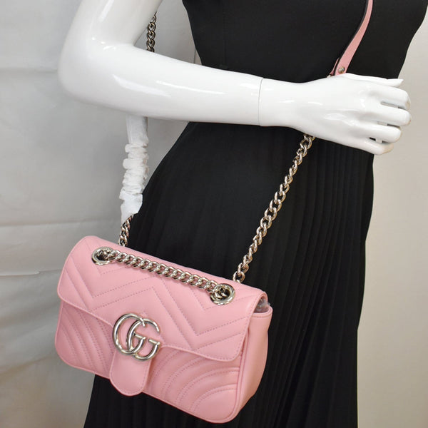 GUCCI GG Marmont Mini Matelassé Leather Shoulder Crossbody Bag Pastel Pink 446744