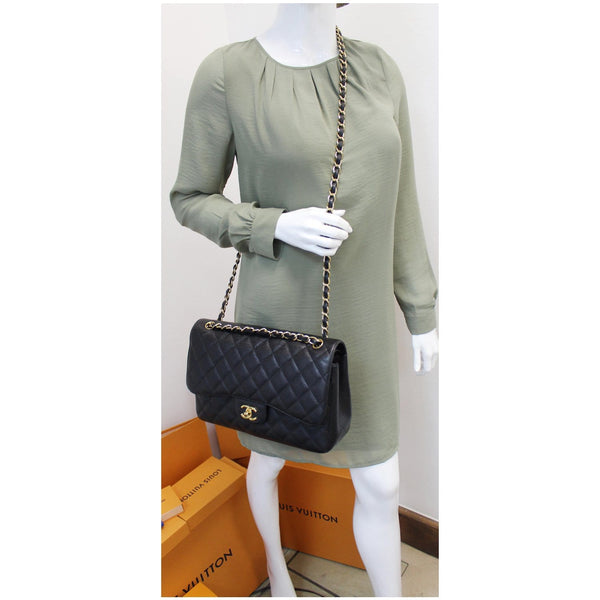 CHANEL Jumbo Double Flap Caviar Leather Shoulder Bag Black