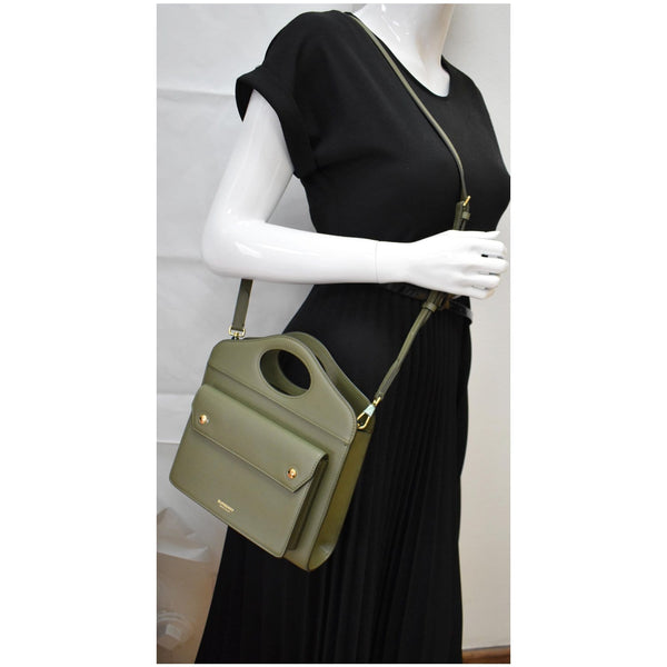 BURBERRY Mini Leather Pocket Tote Bag Dark Fern Green