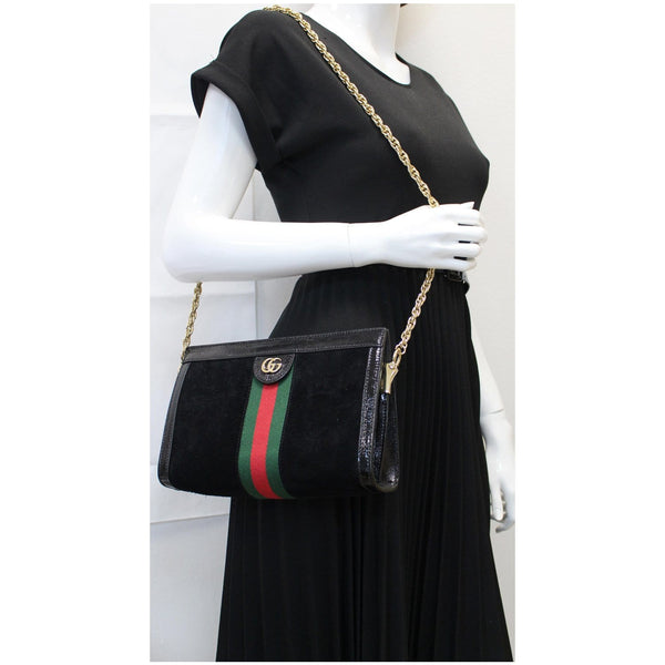 GUCCI Ophidia GG Small Web Suede Leather Shoulder Bag Black 503877