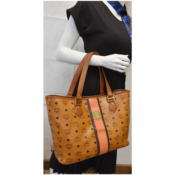 MCM Visetos Rudic Canvas Shopper Tote Bag Cognac Orange