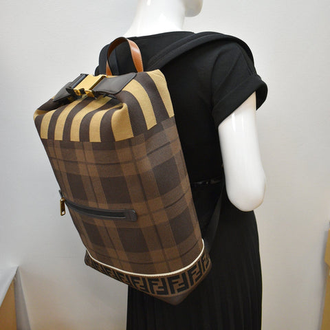 FENDI Tartan Forever Tech Knit Canvas Backpack Brown