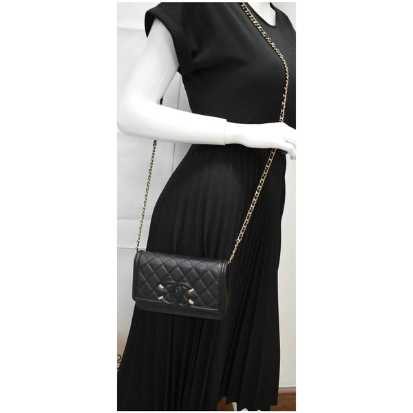 CHANEL CC Filigree Small Flap Caviar Leather Crossbody Bag Black