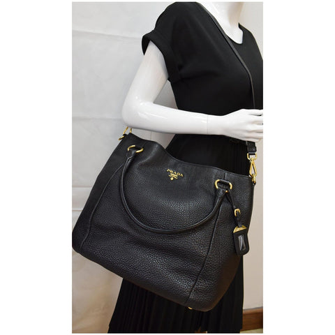 PRADA Sughero Vitello Daino Leather Tote Shoulder Bag Black