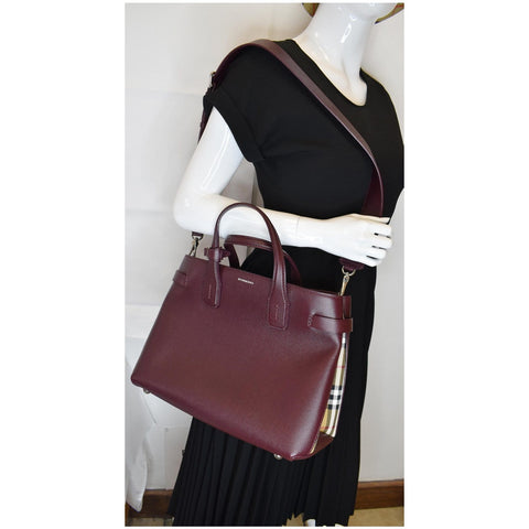 BURBERRY Medium Banner Derby Leather Tote Shoulder Bag Red