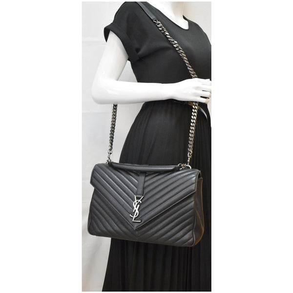 YVES SAINT LAURENT College Medium Flap Matelassé Leather Shoulder Bag Black