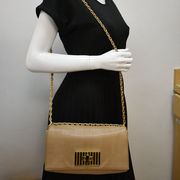 FENDI Claudia Pequin Embossed Leather Wallet Crossbody Bag Beige