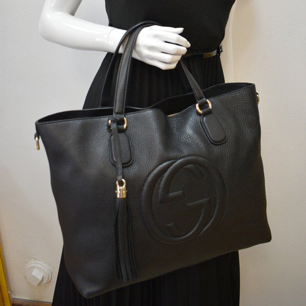 GUCCI Soho Tassel Pebbled Leather Tote Bag Black 282303 - sold