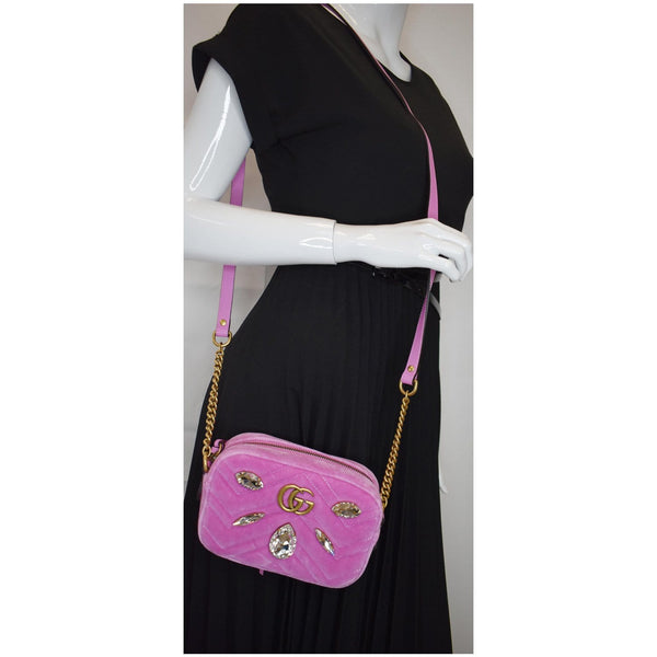 GUCCI GG Marmont Mini Marquise Crystal Velvet Crossbody Bag Pink 448065