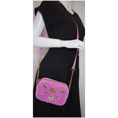 GUCCI GG Marmont Mini Marquise Crystal Velvet Crossbody Bag Pink 448065
