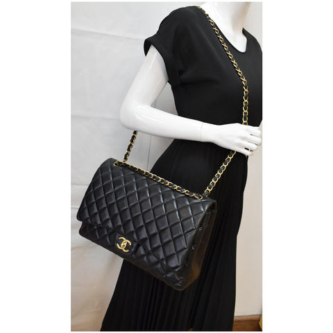 CHANEL Maxi Double Flap Lambskin Leather Shoulder Bag Black