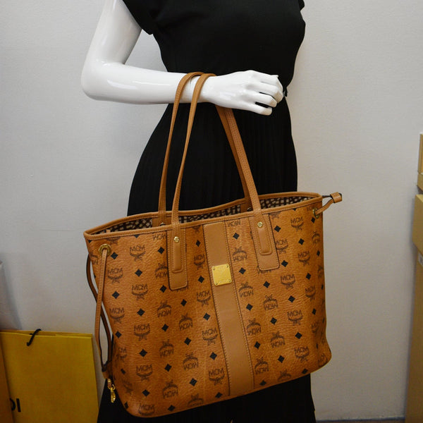 MCM Reversible Liz Medium Visetos Canvas Shopper Tote Bag Cognac