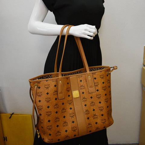 MCM Reversible Liz Medium Visetos Canvas Shopper Tote Bag Cognac