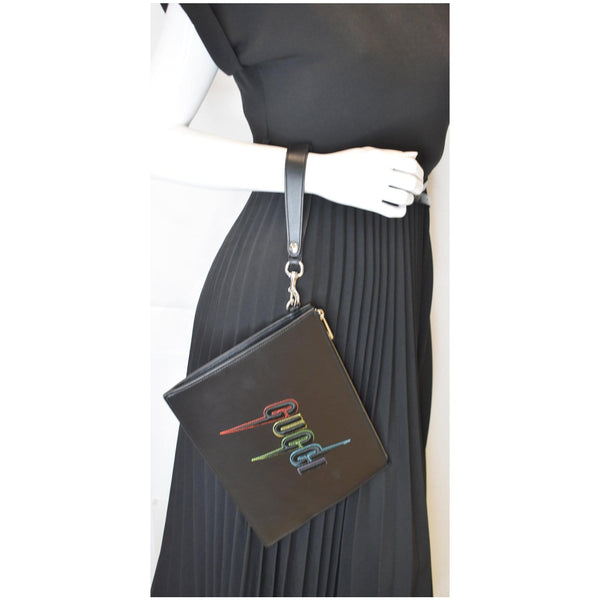 GUCCI Blade Embroidery Leather Wristlet Pouch Black 597678