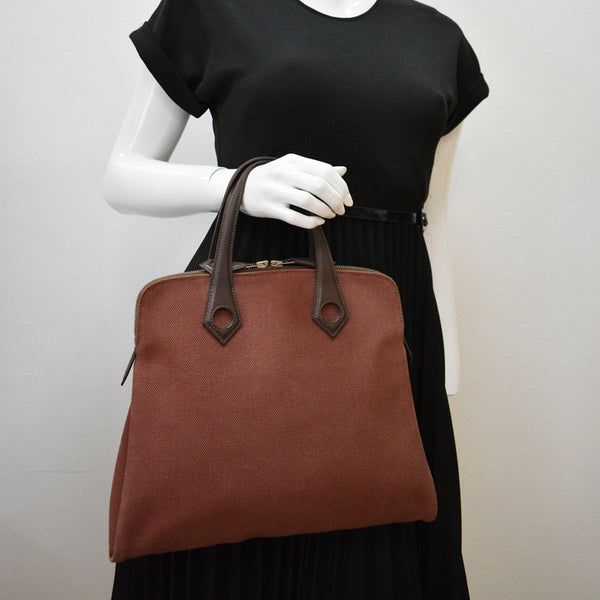 HERMES Heeboo Canvas Top Handle Satchel Bag Brown