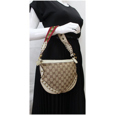 GUCCI Pelham Small GG Canvas Studded Shoulder Bag Beige