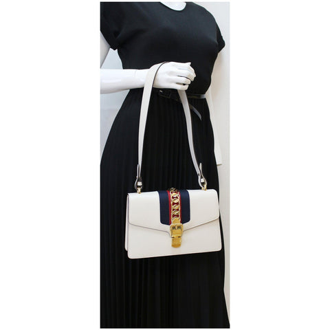 GUCCI Sylvie Small Calfskin Top Handle Bag White 421828