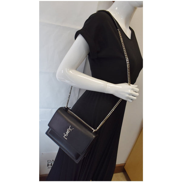 YVES SAINT LAURENT Monogram Sunset Medium Leather Shoulder Bag Black