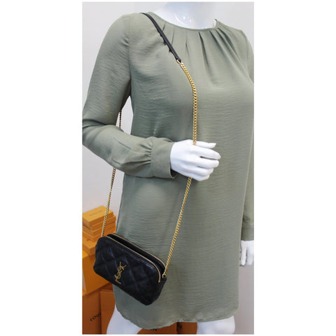 YVES SAINT LAURENT Becky Double Zip Lambskin Leather Crossbody Bag Black