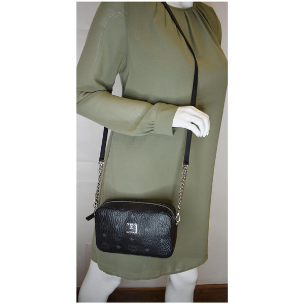 MCM Visetos Camera Monogram Leather Crossbody Bag Black