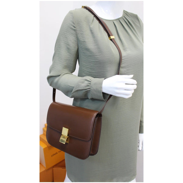 CELINE Medium Classic Box Calfskin Flap Crossbody Bag Brown