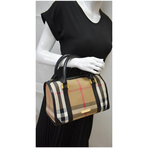 BURBERRY Boston Haymarket Check Coated Canvas Satchel Bag Brown