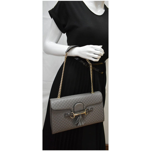 GUCCI Emily Medium GG Guccissima Leather Chain Shoulder Bag 449635 Gray