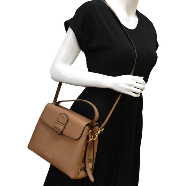 BURBERRY Medium Grainy House Check Leather Tote Shoulder Bag Dark Sand