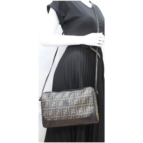 FENDI Roma Coated Canvas Leather Crossbody Bag Brown