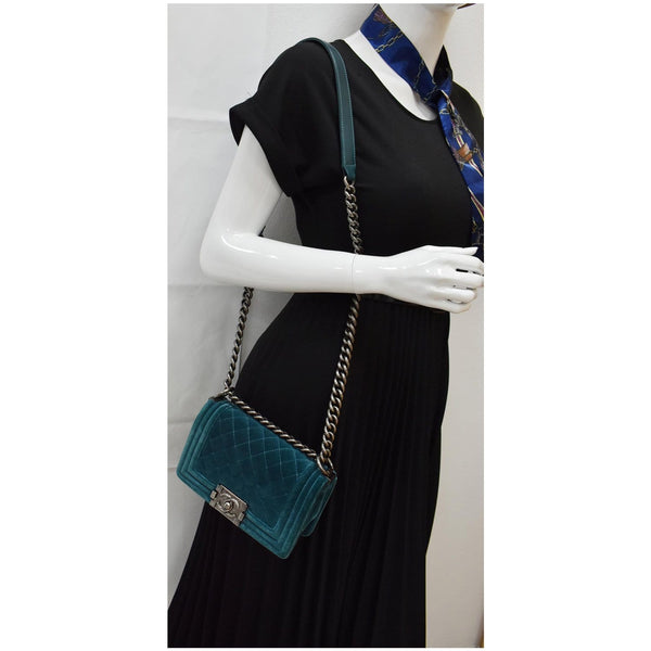 CHANEL Small Boy CC Chain Velvet Shoulder Bag Teal