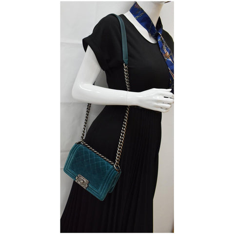CHANEL Small Boy CC Chain Velvet Shoulder Bag Teal