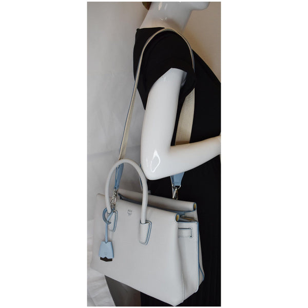 MCM Milla Medium Top Handle Leather Tote Shoulder Bag Light Blue