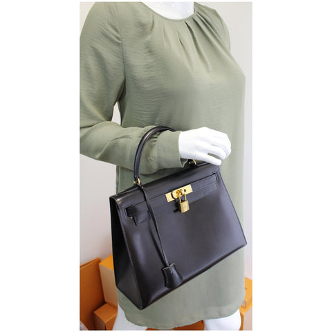 HERMES Kelly Sellier 28 Box Leather Satchel Bag Black