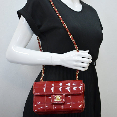 CHANEL Chocolate Bar Small Patent Leather Flap Shoulder Bag Red