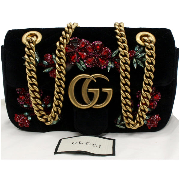 Gucci GG Marmont Floral Gems Mini Velvet Matelasse Embroidered Shoulder Bag Black