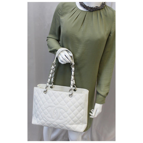 CHANEL Grand Shopping Quilted Caviar Leather Tote Bag White-US