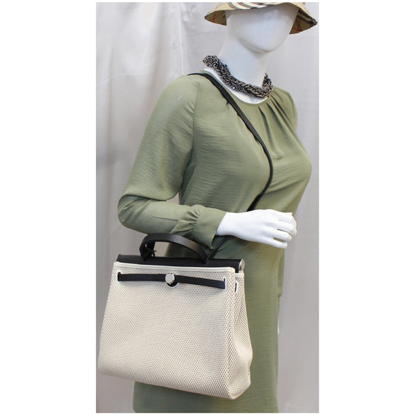 HERMES Herbag PM 30cm Leather Toile Bag Black/Off White-US