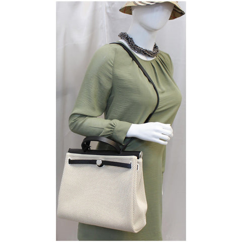 HERMES Herbag PM 30cm Leather Toile Bag Black/Off White-US