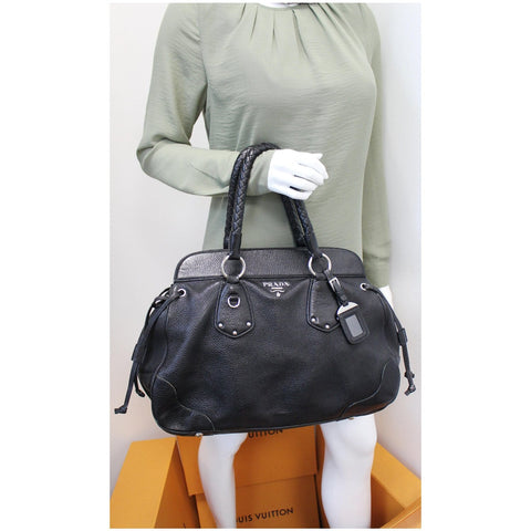 PRADA Vitello Daino Satchel Bag Black