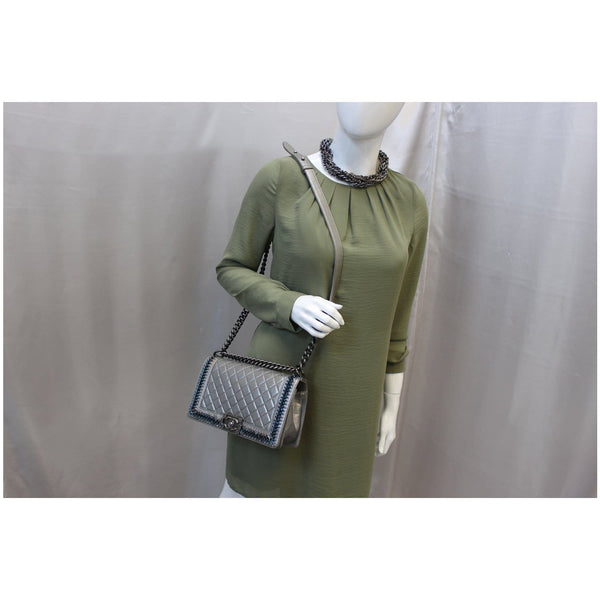 CHANEL Boy Medium Lambskin Leather Embroidered Shoulder Bag Silver-US