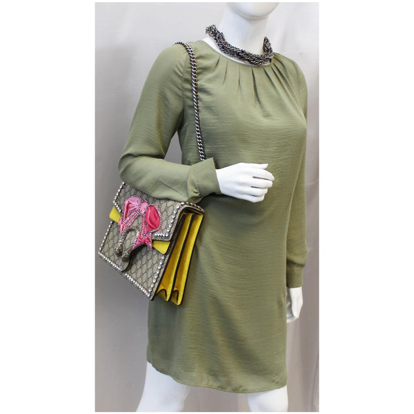 GUCCI Dionysus Medium GG Supreme Embroidered Crystal Bow Shoulder Bag Beige -US
