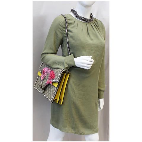 GUCCI Dionysus Medium GG Supreme Embroidered Crystal Bow Shoulder Bag Beige -US