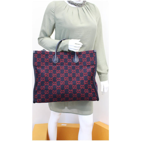 GUCCI GG Wool Tote Shoulder Bag Blue/Red 598169