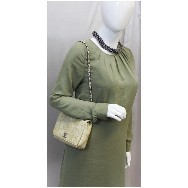 CHANEL Crocodile Quilted Classic Flap Shoulder Bag Beige