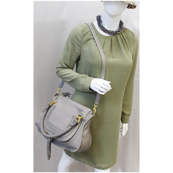 CHLOE Medium Marcie Pebbled Leather Satchel Shoulder Bag Grey-US