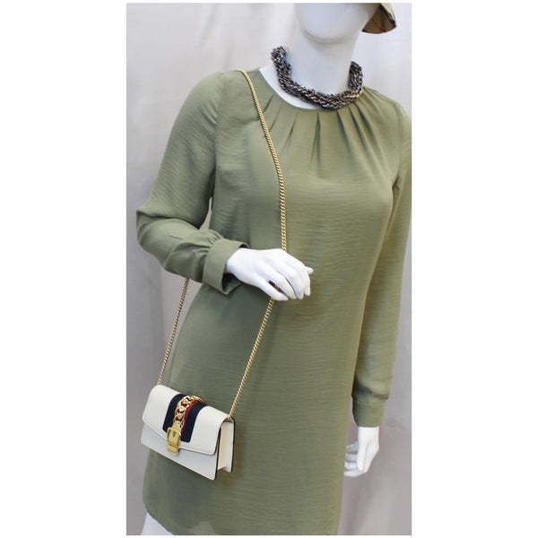 GUCCI Super Mini Sylvie Calfskin Leather Chain Crossbody Bag White